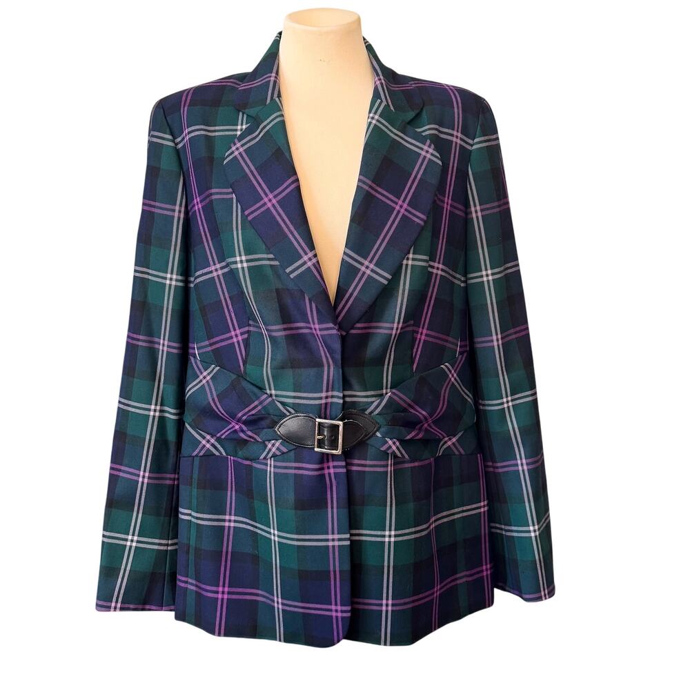 Escada Green & Purple Plaid Blazer with Belt